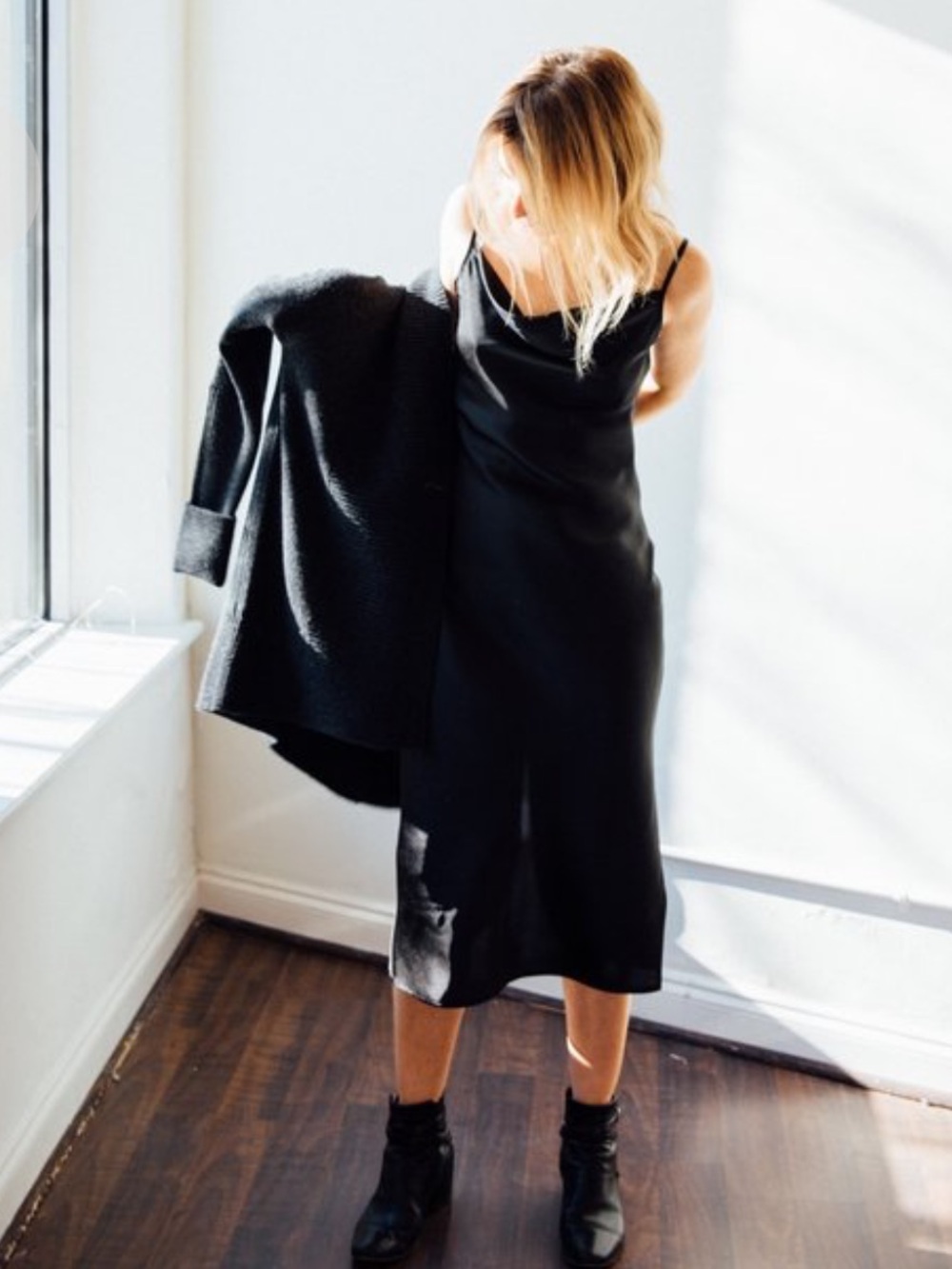 Joie Marcenna Black Satin Slip Midi Dress in Caviar Black Size M - Picture 2 of 6